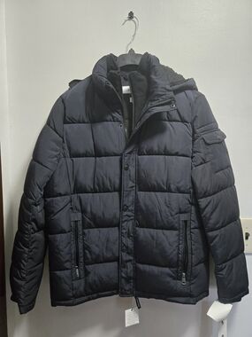Calvin Klein Men's Navy Quilted Puffer Jacket with Hood